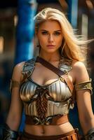 guerriero fanciulla un' bellissimo giovane femmina Gladiatore vichingo con biondo capelli e blu occhi generativo ai foto