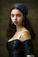 moderno influencer giovane donna con un' foulard, ispirato di ragazza con un' perla orecchino, generativo ai arte foto