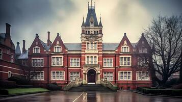 esterno Visualizza di un' affascinante inglese alto scuola, generativo ai foto