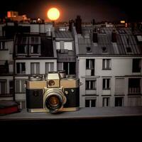 Vintage ▾ telecamera e parigino tetti a notte. generativo ai. foto