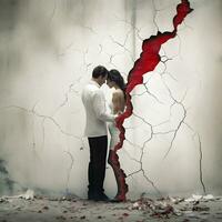 amore crepe un' simbolico rosso fessura nel il fatiscente parete. generativo ai. foto