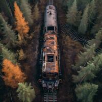 aereo Visualizza di arrugginito treno nel selvaggio foresta. generativo ai. foto