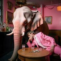 non convenzionale incontrare ubriaco uomo condivisione un' bevanda con un' rosa elefante nel un' bar - generativo ai arte foto