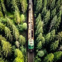 aereo Visualizza di arrugginito treno nel selvaggio foresta. generativo ai. foto