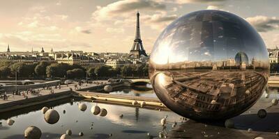 Parigi panoramico Visualizza riflettendo nel il geode con eiffel Torre, drammatico nuvoloso tempo atmosferico, generativo ai arte foto