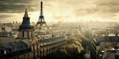 drammatico panoramico Visualizza di Parigi con eiffel Torre su nuvoloso giorno - generativo ai foto