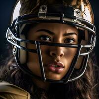 dinamico ritratto di un' bellissimo americano femmina calcio giocatore con casco. generativo ai. foto