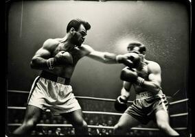 storico nero e bianca pesante boxe incontro, ai-generato energia punch foto