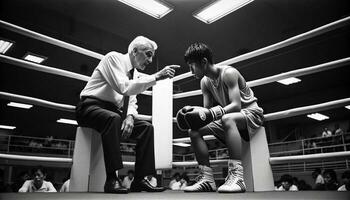 allenatore istruire giovane combattente nel nero e bianca - ai generato Immagine foto