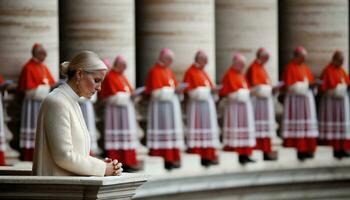 storico momento femmina papa eletto su Vaticano balcone. generativo ai. foto