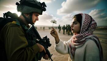 palestinese donna offerta pace fiore per israeliano soldato. generativo ai. foto