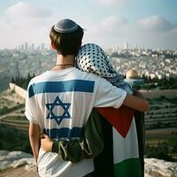 giovane coppia nel amore simbolo di pace e riconciliazione nel Gerusalemme. generativo ai. foto
