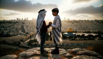 simbolo di pace ebraico e palestinese amici nel Gerusalemme. generativo ai foto