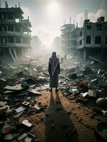 solitario uomo nel devastato dalla guerra arabo città. generativo ai foto