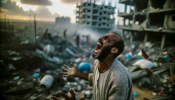 solitario uomo nel devastato dalla guerra arabo città. generativo ai foto