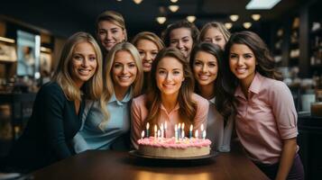 ritratto di contento lavoratori femmina colleghi amici Tenere compleanno torta e sorridente a telecamera nel posto di lavoro. foto
