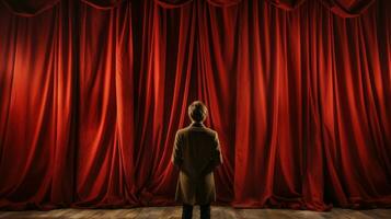 attore in piedi nel davanti di un' rosso palcoscenico Teatro tenda e guardare a esso. foto