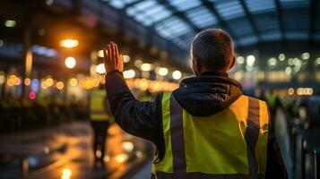 indietro Visualizza di un' uomo nel giallo riflessivo veste agitando il suo mano a il aeroporto. foto