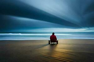 un' uomo seduta su un' panchina su il spiaggia sotto un' tempestoso cielo. ai-generato foto