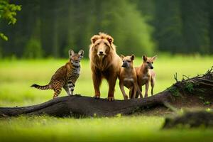 un' Leone, un' tigre e un' iena siamo in piedi su un' tronco d'albero. ai-generato foto