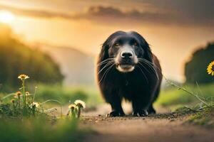 un' cane a piedi su un' sporco strada con sole ambientazione dietro a esso. ai-generato foto