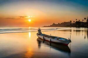 un' barca si siede su il spiaggia a tramonto. ai-generato foto