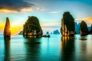 il tramonto al di sopra di il baia di halong. ai-generato foto