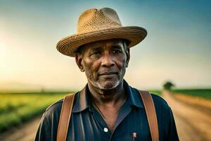 un africano americano uomo nel un' cappello in piedi nel un' campo. ai-generato foto