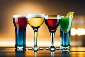 quattro diverso colorato bevande nel bicchieri su un' tavolo. ai-generato foto