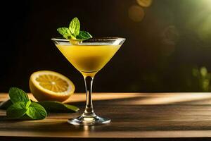 un' cocktail con Limone e menta su un' di legno tavolo. ai-generato foto