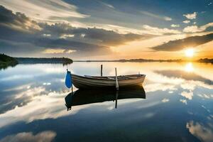 un' barca è seduta su il acqua a tramonto. ai-generato foto