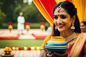 un' bellissimo indiano sposa Tenere un' pentola. ai-generato foto