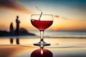 un' bicchiere di rosso vino su il spiaggia a tramonto. ai-generato foto