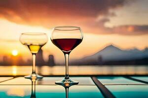 Due vino bicchieri su un' tavolo con un' tramonto nel il sfondo. ai-generato foto