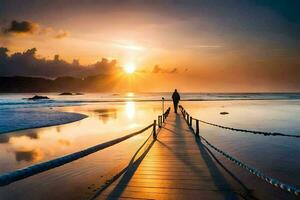 un' uomo passeggiate lungo un' di legno passerella su un' spiaggia a tramonto. ai-generato foto