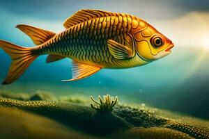 pesce rosso, pesce, sott'acqua, il oceano, il sole, HD sfondo. ai-generato foto