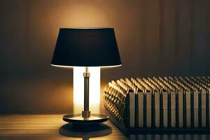 un' lampada è seduta su superiore di un' libro. ai-generato foto