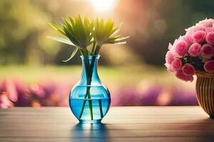 un' blu vaso con rosa fiori su un' tavolo. ai-generato foto