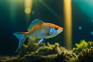 un' pesce nuoto nel un acquario con luce del sole. ai-generato foto