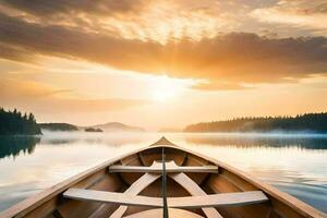 un' canoa su il acqua a tramonto. ai-generato foto