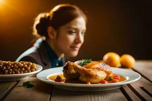 un' donna è guardare a un' piatto di cibo. ai-generato foto