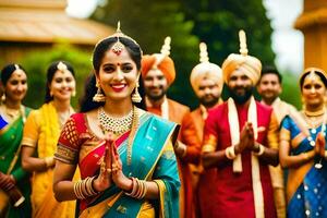 indiano nozze festa con sposa e sposo. ai-generato foto