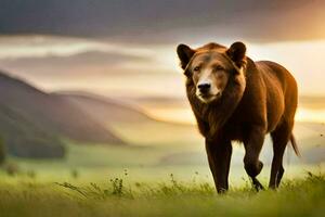 un' Marrone orso a piedi nel il erba. ai-generato foto