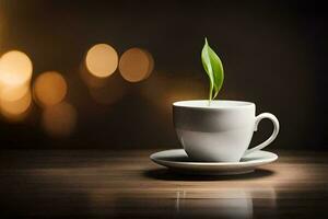 un' tazza di caffè con un' verde pianta in crescita su di esso. ai-generato foto