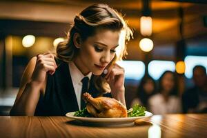 un' donna è guardare a un' piatto di cibo. ai-generato foto