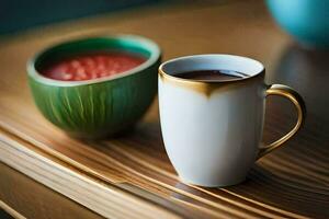 un' tazza di caffè e un' ciotola di frutta. ai-generato foto