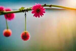 rosa fiori sospeso a partire dal un' ramo con un' sole nel il sfondo. ai-generato foto