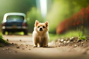 un' piccolo cane in piedi su il strada nel davanti di un' macchina. ai-generato foto