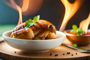 un' pollo è seduta nel un' ciotola con salsa e erbe aromatiche. ai-generato foto