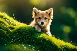 un' cucciolo è seduta su superiore di un' verde collina. ai-generato foto